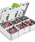 Festool DuoPower Anchor Set 5 6 8 10 Mm With 6 x 35 Chipboard Anchors In MINI Systainer S 76 open showing various anchors.