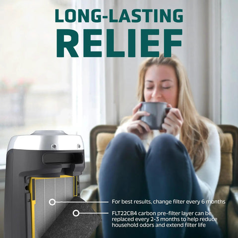 Woman sitting with a coffee next to HEPA Pure Replacement Air Filter For Compact Home Purifiers, showing long-lasting relief.