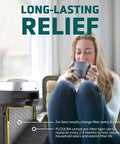 4-Pack Replacement True HEPA Air Filter For Home Purifiers next to a relaxed woman with coffee, highlighting long-lasting relief