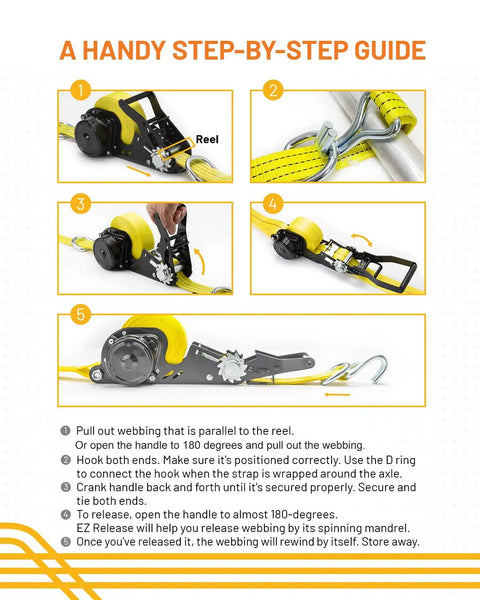 Step-by-step guide using Retractable Ratchet Tie Down Strap One Point Five Inch By 20 Foot Heavy Duty With Double J Hooks And D Rings