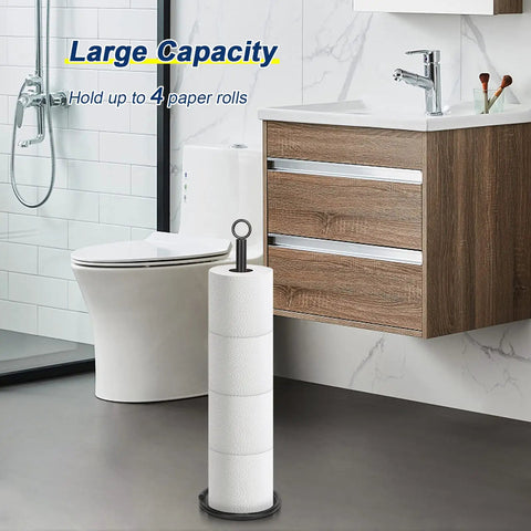 Freestanding Toilet Paper Holder Stand For 4 Rolls With Reserve, All Metal Matte Black Iron, Rustproof, Heavy Weighted Base
