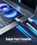 240W USB C To USB C Coiled Braided Car Charger Cable connected to smartphone and laptop for fast 480Mbps data transfer