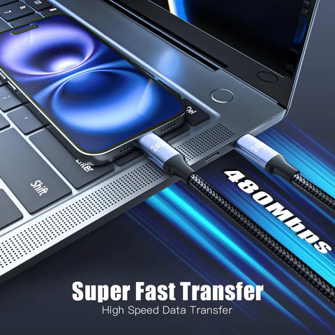 240W USB C To USB C Coiled Braided Car Charger Cable connected to smartphone and laptop for fast 480Mbps data transfer
