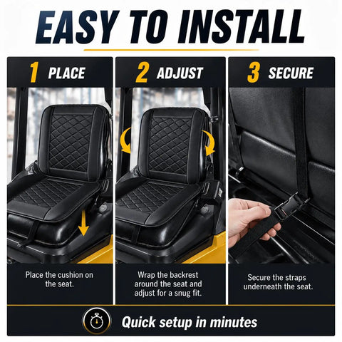 Heavy Duty Forklift Seat Cushion Features Breathable Mesh Core And Plush Padding Built Tough For Shop Floors Fits Cat Dp Gp Models 2008 To 2011 Keeping Your Back Happy On Those Long Loading Runs In Beige installation steps showing placement, adjustment, and securing of seat cushion.