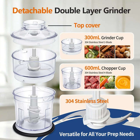 Detachable Double Layer Grinder with 300mL and 600mL cups, 304 Stainless Steel blades for versatile food prep.
