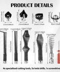 No Sweat Clearing Blocked Lines With This 10 Piece Drain Snake Drill Attachment Set showing 10 high-carbon steel auger cutters and twist drills.