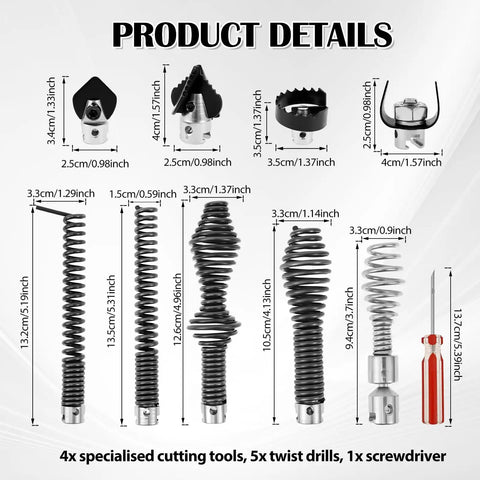 No Sweat Clearing Blocked Lines With This 10 Piece Drain Snake Drill Attachment Set showing 10 high-carbon steel auger cutters and twist drills.