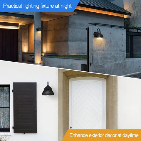 Built Tough Black Metal Barn Light With Sturdy Gooseneck Arm, Rain Or Shine Farmhouse Outdoor Porch Lantern, 6 Inch Heavy Duty Rustic Pendant Fixture For Patio And Curb Appeal Boost on a modern exterior.
