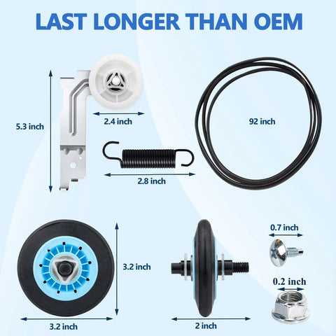 Front Load Dryer Roller Replacement Kit With Belt And Idler Pulley For Quiet Stable Drying Built To Last Wear Resistant Bearings Triangular Idler Design For Operation Compatible With DV42H5000EWA3 DV45H7000EWA2 DV48H7400EWA2 DV42H5200EPA3 showing components and dimensions