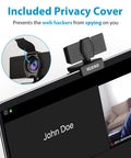 Top Tier 1080P Webcam Delivering Knockout Video Quality And Crystal Clear Audio with included privacy cover on laptop.