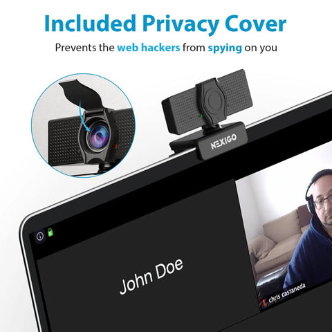 Top Tier 1080P Webcam Delivering Knockout Video Quality And Crystal Clear Audio with included privacy cover on laptop.