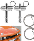 Heavy Duty Stainless Steel Car Hood Pins Kit With Quick Release Lock Latch on orange car, includes cables and pins