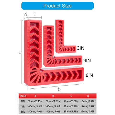 Four Inch 90 Degree Angle Finder Square With Easy To Read Double Sided Scale engineered for tradesmen, showing precise size measurements.