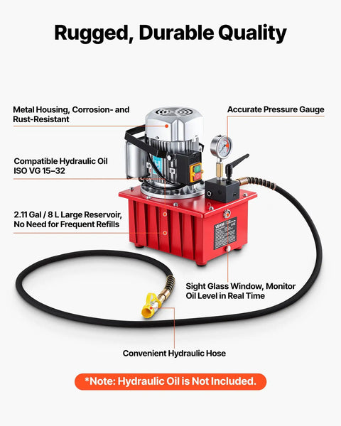Electric Hydraulic Pump 750W 10000 PSI Heavy Duty Power Pack 120V Single Acting Hydraulic Unit with Manual Valve, shown with labels.