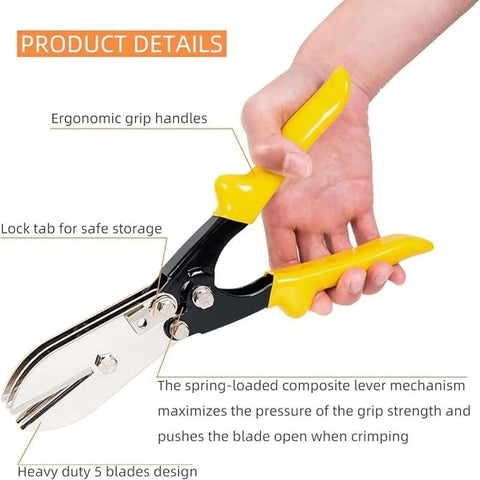 Heavy Duty Duct Crimping Tool for 24-28 gauge sheet metal with five-cutter design, ergonomic handles, shown in hand