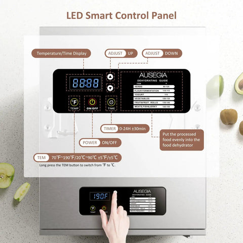 Heavy Duty Commercial Food Dehydrator With Twelve Roomy Trays, Slick Stainless Steel Drying Rack close-up of LED smart control panel.