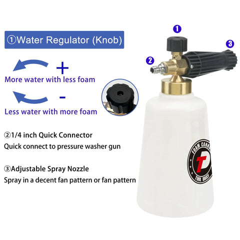 Beast Foam Cannon For Car Wash With Easy Fill Bottle And Snow Foam Lance One Quarter Inch Quick Connect water regulator