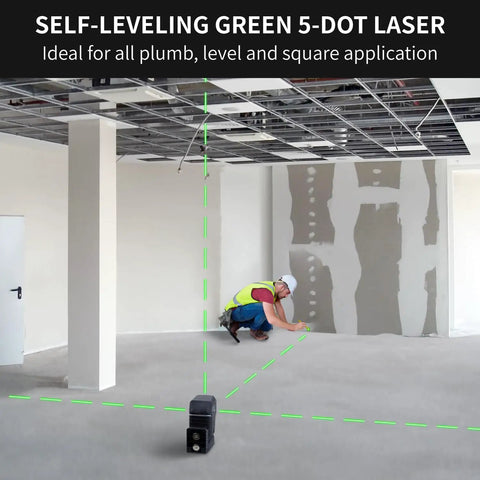 5 Point Green Laser Level With Self Leveling Dots And Magnetic Base, Plumb Up And Down Beams, 131 Foot Range, Includes 2 AA Batteries And Pouch, Pro Grade DIY Favorite For Quick, Accurate Layouts From Floor To Ceiling, shown projecting green dots in an unfinished room