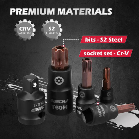 Close-up of Sixteen Piece Tamper Proof Torx Bit Socket Set With Magnetic Organizer T8 Through T60, Pro Grade S2 Alloy Steel