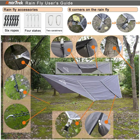Camping Hammock With Mosquito Net And Rain Fly Tarp For Outdoor Adventures setup guide with ropes and stakes