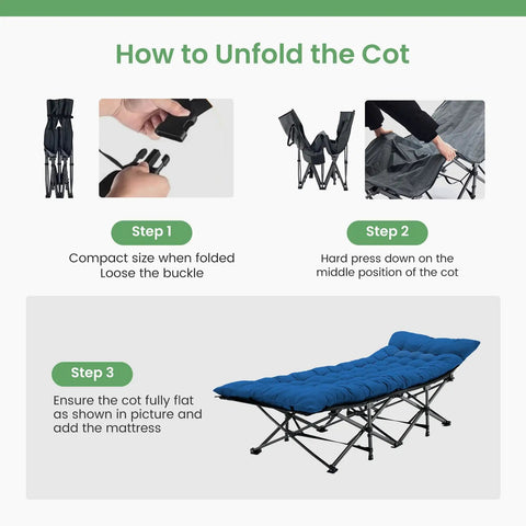 Step-by-step setup of Folding Camping Cot With 3.5-Inch Cushion, Built Tough Rollaway Bed For Indoor And Outdoor Use, Blue