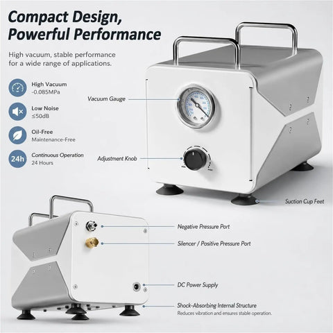 Heavy Duty Oil-Free Diaphragm Vacuum Pump For Lab Use With Negative Pressure Suction And Flow Control. No Messy Oils Needed, This Beast Offers Powerful Unidirectional Airflow, Precision Performance, And Durable Protection For Efficient Daily Workflows.