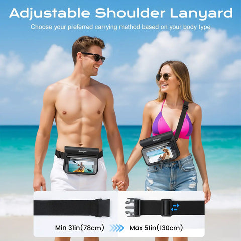 Couple on beach with Go-To IPX8 Waterproof Fanny Pack For Women Up To 8.5 Inches Floating Phone Pouch Dry Bag, adjustable strap detail