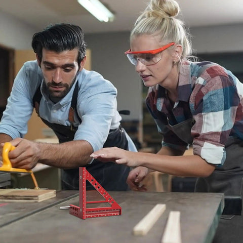 Pro Grade Square Scribing Ruler With Rust Resistant Aluminum, Burr Free Edges, And Five Angle Presets on woodworking table