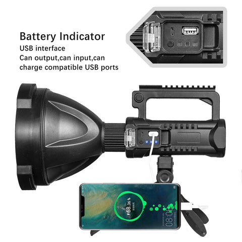 Ultra Bright 200000 Lumen Rechargeable Spotlight For Outdoor Hunting Boating And Camping With 8000 mAh Battery Long Lasting Handheld Searchlight Ready For Any Night Adventure Beast Mode with USB charging and phone connected
