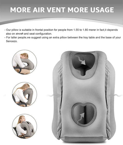 Inflatable Travel Pillow With Chin Support And Eye Mask Earplugs All In One Ergonomic Neck Pillow For Airplanes Or Office Naps in gray with heart-shaped vent