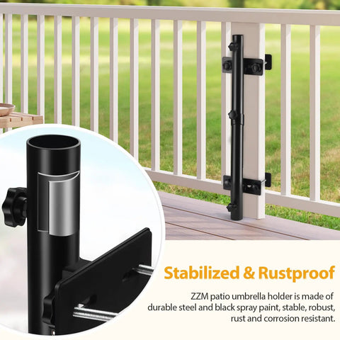 Close-up of black steel Rugged Deck Railing Umbrella Holder Mount for Patio with adjustable clamp attached to white rail.