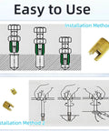 Diagram showing installation steps for 50Pcs Self Tapping Thread Inserts Set In 302 Stainless Steel With Storage Case, M3-M12 sizes.