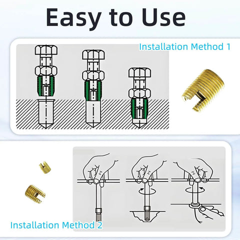 Diagram showing installation steps for 50Pcs Self Tapping Thread Inserts Set In 302 Stainless Steel With Storage Case, M3-M12 sizes.