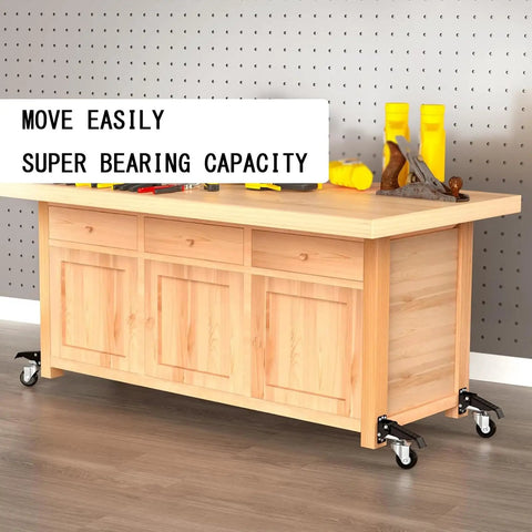 Heavy Duty Retractable Caster Wheels For Workbenches Tables 300Kg Load Capacity 4 Pack Locking Step Down Casters Kit on a wooden workbench.