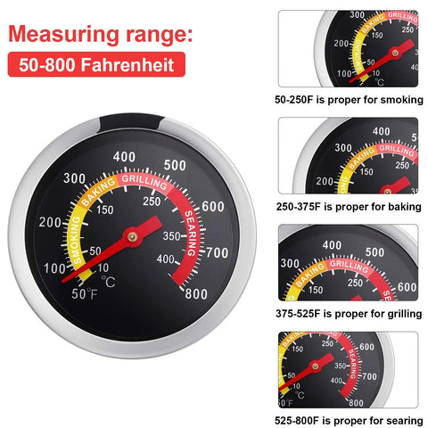 Image showing Three Pack Charcoal Grill Temperature Gauge Thermometer With 2-3/8 Inch Dial And 2-7/8 Inch Probe, heat ranges labeled.