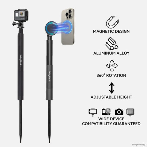 Magnetic Golf Monopod Selfie Stick With Metal Ground Spike 52 Inch Adjustable MagSafe Compatible Phone Ultra Portable Swing Training Aid showing features like magnetic design, aluminum alloy, adjustable height.