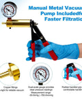 Manual metal vacuum pump with pressure gauge from Supercharged Filtration Kit With 1000 mL Buchner Funnel, Ceramic Buchner Funnel Set And Metal Vacuum Hand Pump For Lab And Industrial Use, Speeds Up Filtration By Up To 50 Percent For Quick, Reliable Filtration.