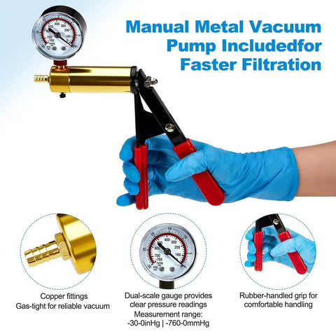 Manual metal vacuum pump with pressure gauge from Supercharged Filtration Kit With 1000 mL Buchner Funnel, Ceramic Buchner Funnel Set And Metal Vacuum Hand Pump For Lab And Industrial Use, Speeds Up Filtration By Up To 50 Percent For Quick, Reliable Filtration.