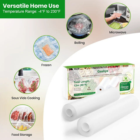 Vacuum Sealer Bags 2 Pack 11x20 Rolls BPA-Free Heavy-Duty Commercial Grade with versatile use illustrations and product image.