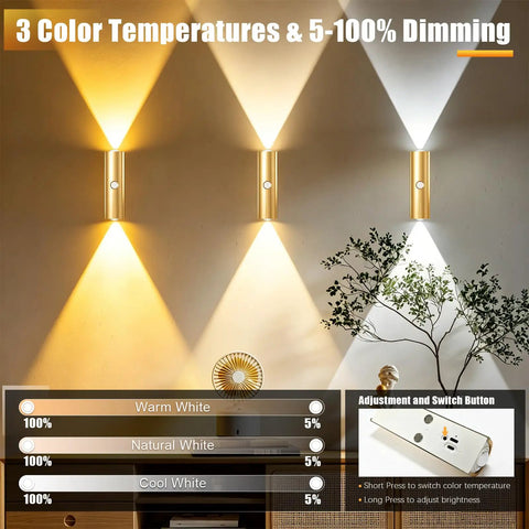 Dead Simple To Install Hella Bright Motion Sensor Wall Lights Rechargeable Wireless Sconces, shown with 3 color temperatures and dimming options.