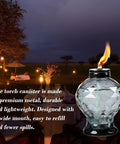 Four Pack Glass Table Top Outdoor Torches With Citronella Refillable Glass Lanterns for garden patio parties at dusk, diamond cut glass.