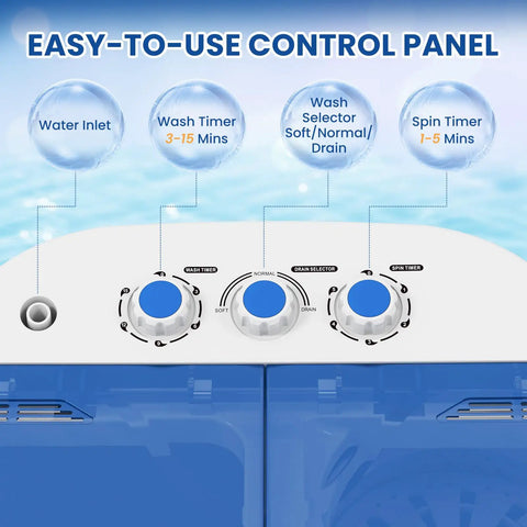Compact Portable Washing Machine Mini Washer And Spin Dryer Combo 14 Lbs control panel with wash and spin timers.
