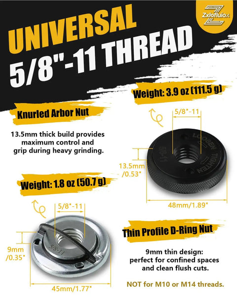 2 Pack 5/8-11 Angle Grinder Flange Nuts With Knurled Arbor Nut And Quick Release Silver D-Ring dimensions and features overview
