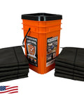 Grab And Go Flood Kit With Ten Five Foot Flood Barriers Water Activated Expands Up To Three And A Half Inches High When Wet Provides Up To Fifty Feet Of Flood Protection Per Bucket No Sand Or Labor Needed Store In Vehicle Or Closet Orange, shown with black flood barriers and orange bucket featuring a flood control label, flag in corner.