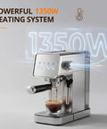 Compact Stainless Steel Espresso Maker With Auto Milk Frother And Steam Wand 20 Bar Pressure Quick Heating Coffee Machine pouring espresso into glass.