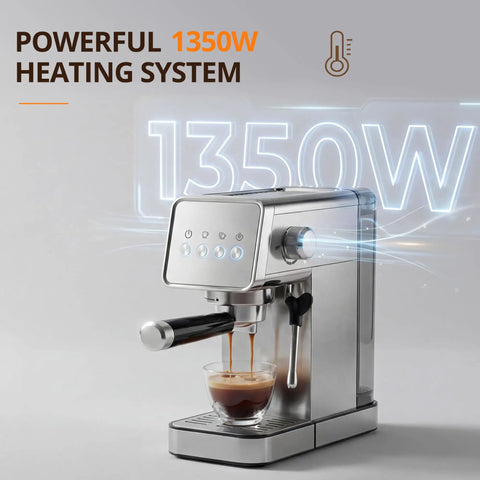 Compact Stainless Steel Espresso Maker With Auto Milk Frother And Steam Wand 20 Bar Pressure Quick Heating Coffee Machine pouring espresso into glass.