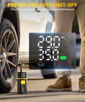 Dual Cylinder Portable Tire Inflator with Digital Gauge 150 PSI inflating car tire with preset and auto shut-off feature.