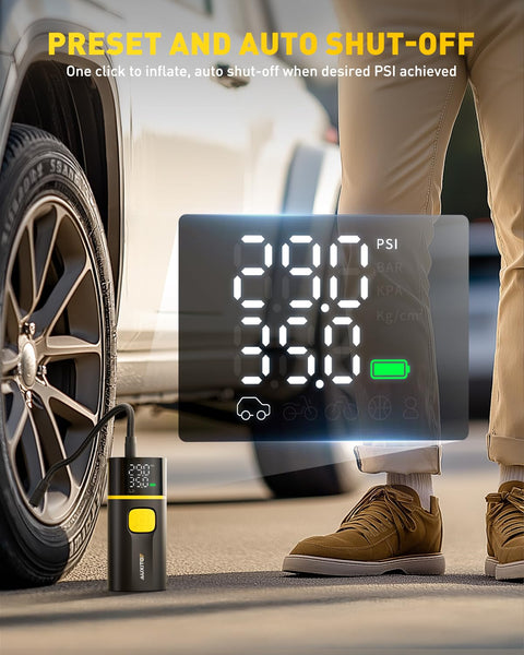 Dual Cylinder Portable Tire Inflator with Digital Gauge 150 PSI inflating car tire with preset and auto shut-off feature.