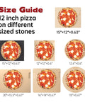 Size guide showing 12 inch pizza on various stone sizes, including Pizza Stone For Oven And Grill 15 X 12 Inch Cordierite Baking Stone.