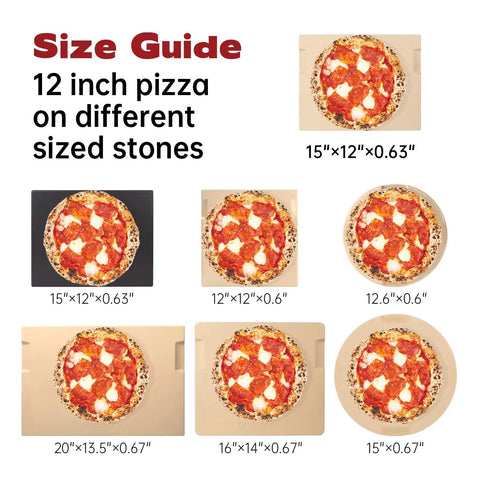 Size guide showing 12 inch pizza on various stone sizes, including Pizza Stone For Oven And Grill 15 X 12 Inch Cordierite Baking Stone.